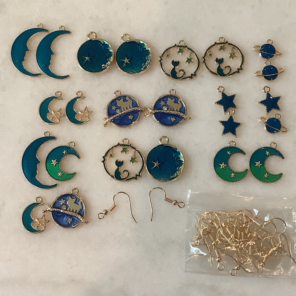 Gold-Tone Moon & Star Enamel Charms In Teal, Blue, And Green, Brand New